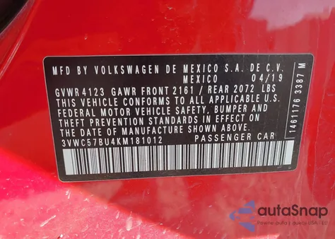 2019 Volkswagen Jetta 1.4T R-Line/1.4T S/1.4T Se from USA, damaged, VIN 3VWC57BU4KM181012